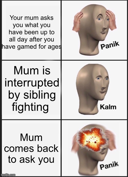Panik | Your mum asks you what you have been up to all day after you have gamed for ages; Mum is interrupted by sibling fighting; Mum comes back to ask you | image tagged in memes,panik kalm panik | made w/ Imgflip meme maker