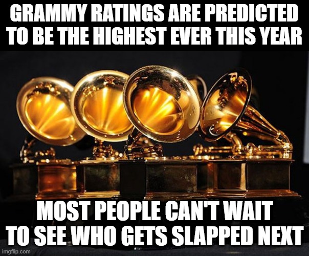 Maybe it Will Be Kanye or Miley? | GRAMMY RATINGS ARE PREDICTED TO BE THE HIGHEST EVER THIS YEAR; MOST PEOPLE CAN'T WAIT TO SEE WHO GETS SLAPPED NEXT | image tagged in boycott 2017 grammys | made w/ Imgflip meme maker