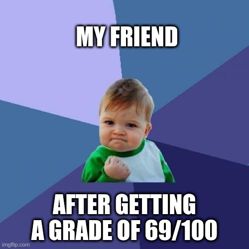 69 Grader | MY FRIEND; AFTER GETTING A GRADE OF 69/100 | image tagged in memes,success kid | made w/ Imgflip meme maker