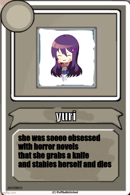 Character Bio | yuri; she was soooo obsessed with horror novels that she grabs a knife and stables herself and dies | image tagged in character bio,memes,fun | made w/ Imgflip meme maker