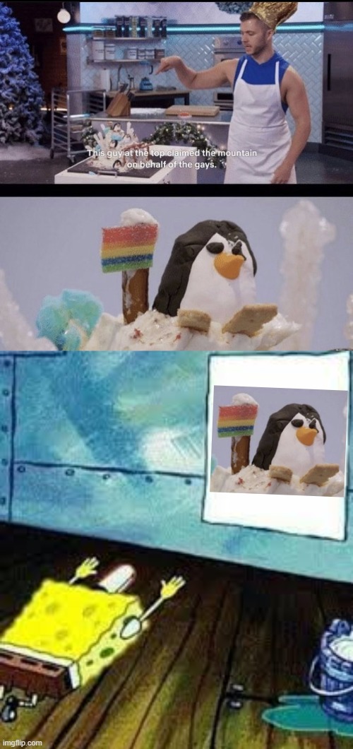 For anyone wondering, the source is from a show called 'Nailed It'! | image tagged in spongebob worship,nailed it,penguin,penguins,gay,lgbtq | made w/ Imgflip meme maker