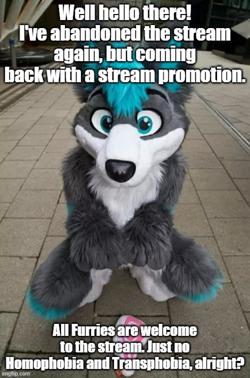 The chat zone for Furries that are LGBTQ, I present to you, LGBTQFurs! | Well hello there! I've abandoned the stream again, but coming back with a stream promotion. All Furries are welcome to the stream. Just no Homophobia and Transphobia, alright? | image tagged in furry | made w/ Imgflip meme maker