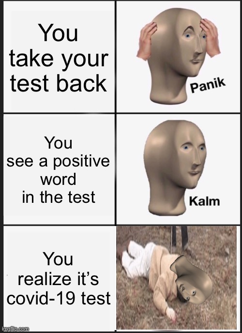 Covid moment | You take your test back; You see a positive word in the test; You realize it’s covid-19 test | image tagged in memes,panik kalm panik | made w/ Imgflip meme maker