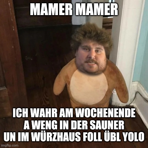 MAMER MAMER; ICH WAHR AM WOCHENENDE A WENG IN DER SAUNER UN IM WÜRZHAUS FOLL ÜBL YOLO | made w/ Imgflip meme maker