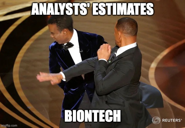 Will Smith punching Chris Rock | ANALYSTS' ESTIMATES; BIONTECH | image tagged in will smith punching chris rock | made w/ Imgflip meme maker