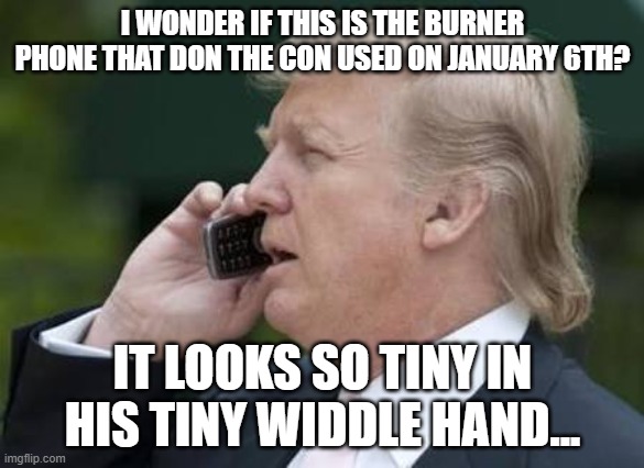 trump phone | I WONDER IF THIS IS THE BURNER PHONE THAT DON THE CON USED ON JANUARY 6TH? IT LOOKS SO TINY IN HIS TINY WIDDLE HAND... | image tagged in trump phone | made w/ Imgflip meme maker