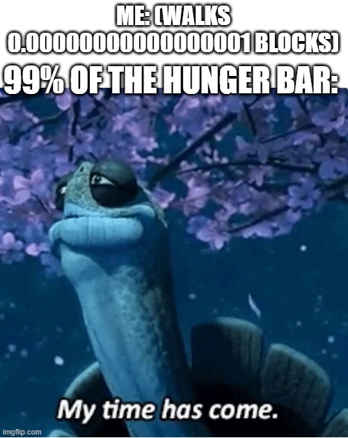 So non-logic | ME: (WALKS 0.00000000000000001 BLOCKS); 99% OF THE HUNGER BAR: | image tagged in my time has come,minecraft,hunger bar | made w/ Imgflip meme maker