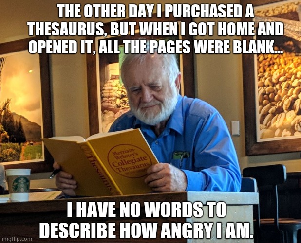 Words,...don't come easy | THE OTHER DAY I PURCHASED A THESAURUS, BUT WHEN I GOT HOME AND OPENED IT, ALL THE PAGES WERE BLANK... I HAVE NO WORDS TO DESCRIBE HOW ANGRY I AM. | image tagged in thesaurus man,memes,funny memes,dad joke,eyeroll | made w/ Imgflip meme maker