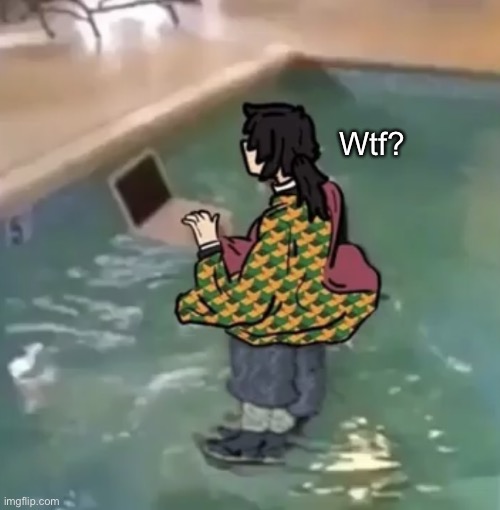 Tomioka with computer in water | Wtf? | image tagged in tomioka with computer in water | made w/ Imgflip meme maker