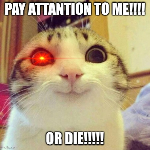 Smiling Cat Meme | PAY ATTANTION TO ME!!!! OR DIE!!!!! | image tagged in memes,smiling cat | made w/ Imgflip meme maker