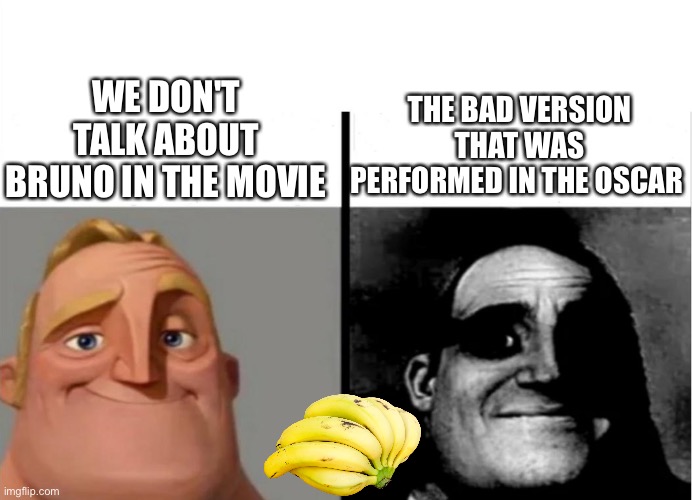 ?what have they done to my poor Bruno song? ? |  WE DON'T TALK ABOUT BRUNO IN THE MOVIE; THE BAD VERSION THAT WAS PERFORMED IN THE OSCAR | image tagged in teacher's copy,banana,we don't talk about bruno | made w/ Imgflip meme maker