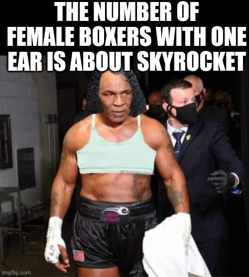 The Number Of Female Boxers With One Ear Is About Skyrocket | THE NUMBER OF FEMALE BOXERS WITH ONE EAR IS ABOUT SKYROCKET | image tagged in mike tyson,female,boxer,bite,ears | made w/ Imgflip meme maker