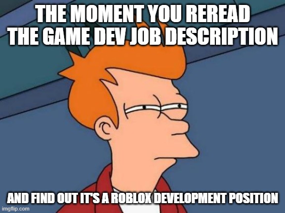 Game Dev Surprise | THE MOMENT YOU REREAD THE GAME DEV JOB DESCRIPTION; AND FIND OUT IT'S A ROBLOX DEVELOPMENT POSITION | image tagged in memes,futurama fry,programming,programmers | made w/ Imgflip meme maker