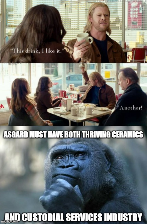 ASGARD MUST HAVE BOTH THRIVING CERAMICS; AND CUSTODIAL SERVICES INDUSTRY | image tagged in thor another,deep thoughts | made w/ Imgflip meme maker