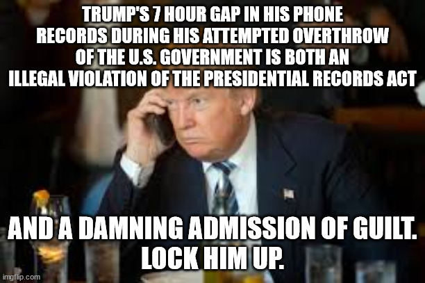 Put Putin Puppet drumPh in Prison. | TRUMP'S 7 HOUR GAP IN HIS PHONE RECORDS DURING HIS ATTEMPTED OVERTHROW OF THE U.S. GOVERNMENT IS BOTH AN ILLEGAL VIOLATION OF THE PRESIDENTIAL RECORDS ACT; AND A DAMNING ADMISSION OF GUILT.
LOCK HIM UP. | image tagged in trump phone | made w/ Imgflip meme maker