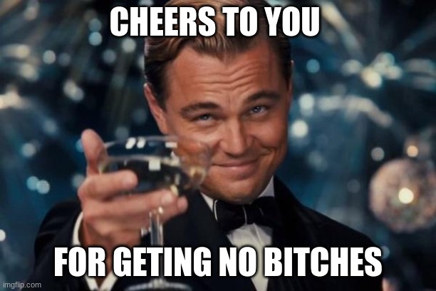 cheers | CHEERS TO YOU; FOR GETING NO BITCHES | image tagged in memes,leonardo dicaprio cheers,cheers,no,bitches | made w/ Imgflip meme maker