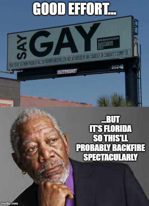 Color me cynical | GOOD EFFORT... ...BUT IT'S FLORIDA SO THIS'LL PROBABLY BACKFIRE SPECTACULARLY | image tagged in deep thoughts by morgan freeman | made w/ Imgflip meme maker