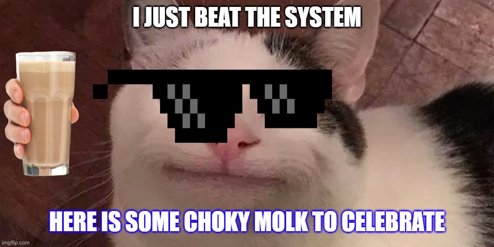Beat the System | I JUST BEAT THE SYSTEM; HERE IS SOME CHOKY MOLK TO CELEBRATE | image tagged in belugacat | made w/ Imgflip meme maker