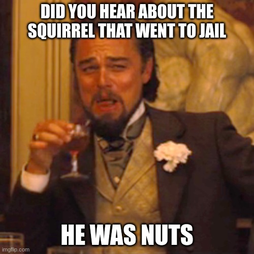 PUN | DID YOU HEAR ABOUT THE SQUIRREL THAT WENT TO JAIL; HE WAS NUTS | image tagged in memes,laughing leo | made w/ Imgflip meme maker