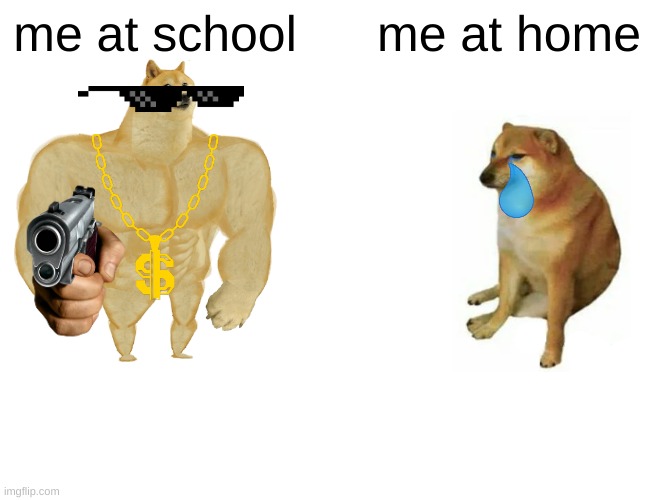 Buff Doge vs. Cheems Meme | me at school; me at home | image tagged in memes,buff doge vs cheems | made w/ Imgflip meme maker