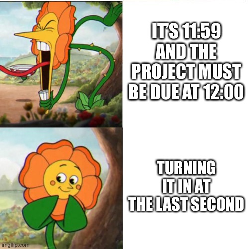 School be like |  IT’S 11:59 AND THE PROJECT MUST BE DUE AT 12:00; TURNING IT IN AT THE LAST SECOND | image tagged in cuphead flower | made w/ Imgflip meme maker