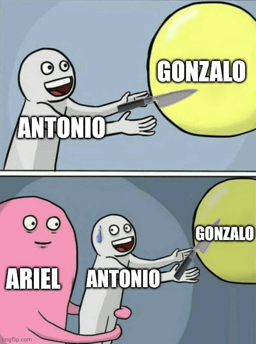 The tempest | GONZALO; ANTONIO; GONZALO; ARIEL; ANTONIO | image tagged in memes,running away balloon | made w/ Imgflip meme maker