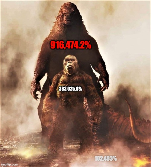 YieldZilla monster APY | 916,474.2%; 383,025.8%; 102,483% | image tagged in godzilla vs kong | made w/ Imgflip meme maker