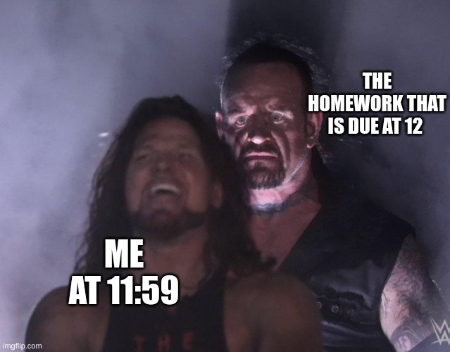 undertaker | THE HOMEWORK THAT IS DUE AT 12; ME AT 11:59 | image tagged in undertaker | made w/ Imgflip meme maker