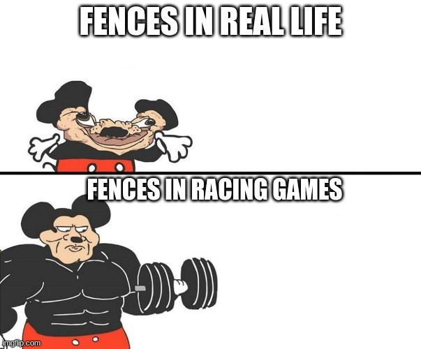 Micky Mouse | FENCES IN REAL LIFE; FENCES IN RACING GAMES | image tagged in micky mouse | made w/ Imgflip meme maker
