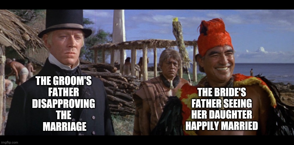 The father-in-laws | THE BRIDE'S FATHER SEEING HER DAUGHTER HAPPILY MARRIED; THE GROOM'S 
FATHER 
DISAPPROVING 
THE 
MARRIAGE | image tagged in hawaii 1966 | made w/ Imgflip meme maker