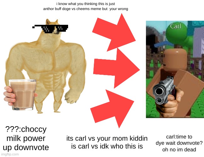 carl vs ??? | i know what you thinking this is just anthor buff doge vs cheems meme but  your wrong; ???:choccy milk power up downvote; carl:time to dye wait downvote? oh no im dead; its carl vs your mom kiddin is carl vs idk who this is | image tagged in memes,buff doge vs cheems | made w/ Imgflip meme maker