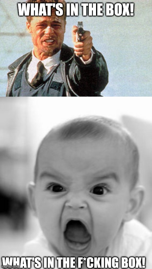 WHAT'S IN THE BOX! WHAT'S IN THE F*CKING BOX! | image tagged in whats in the box,memes,angry baby | made w/ Imgflip meme maker