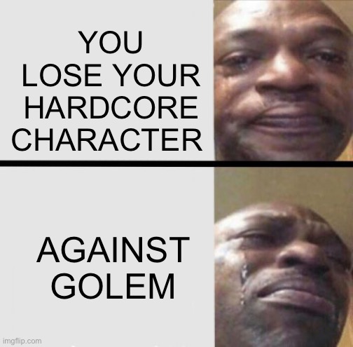 Hurts even more when its against the (debatably) easiest boss in the game | YOU LOSE YOUR HARDCORE CHARACTER; AGAINST GOLEM | image tagged in terraria,crying black dude | made w/ Imgflip meme maker