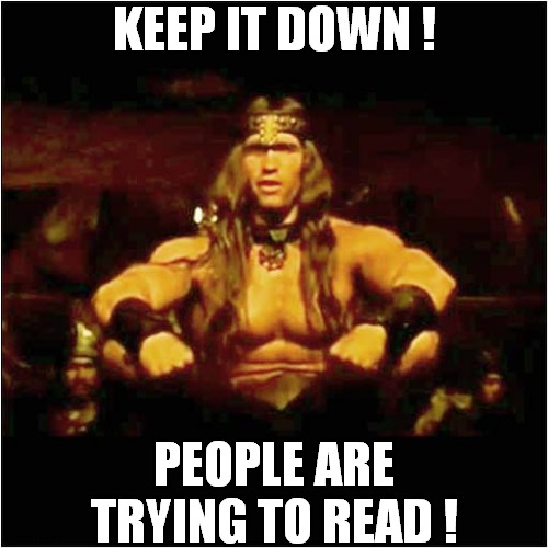 Conan The Librarian | KEEP IT DOWN ! PEOPLE ARE TRYING TO READ ! | image tagged in fun,conan the barbarian,librarian,arnold schwarzenegger | made w/ Imgflip meme maker