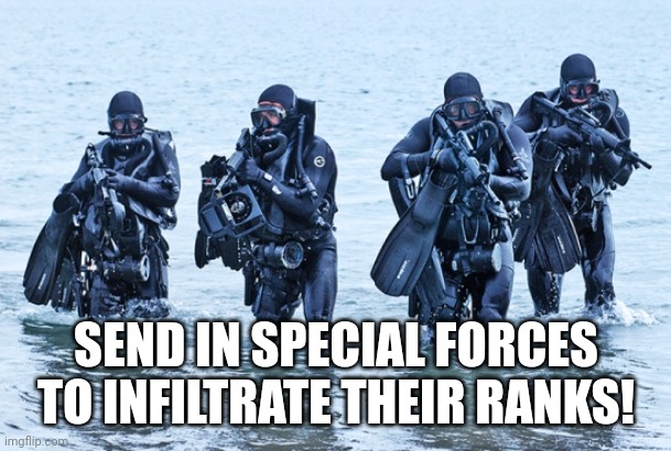 Navy SEALs in surf | SEND IN SPECIAL FORCES TO INFILTRATE THEIR RANKS! | image tagged in navy seals in surf | made w/ Imgflip meme maker