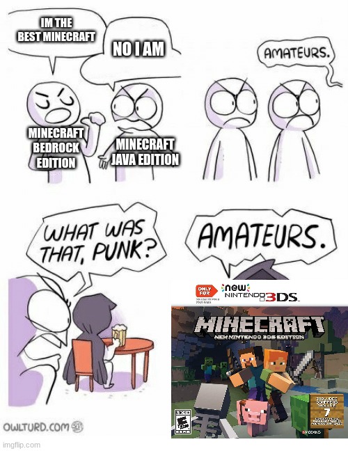 nintendo 3ds edition is superior | IM THE BEST MINECRAFT; NO I AM; MINECRAFT BEDROCK EDITION; MINECRAFT JAVA EDITION | image tagged in amateurs | made w/ Imgflip meme maker