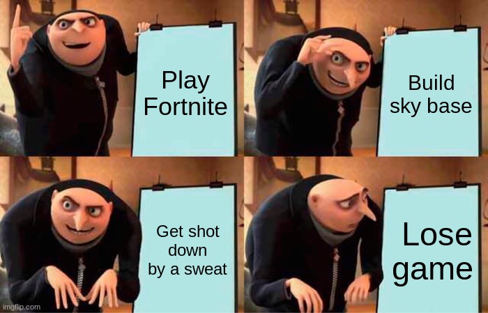 Gru's Plan | Play Fortnite; Build sky base; Get shot down by a sweat; Lose game | image tagged in memes,gru's plan | made w/ Imgflip meme maker
