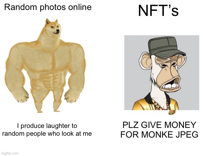 Buff Doge vs. Cheems Meme | Random photos online; NFT’s; I produce laughter to random people who look at me; PLZ GIVE MONEY FOR MONKE JPEG | image tagged in memes,buff doge vs cheems | made w/ Imgflip meme maker