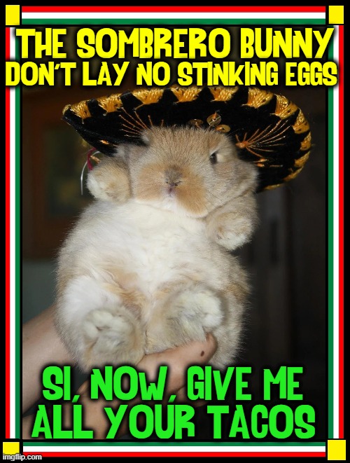 This isn't exactly an Easter Tradition, yet... |  THE SOMBRERO BUNNY; DON'T LAY NO STINKING EGGS; SI, NOW, GIVE ME
ALL YOUR TACOS | image tagged in vince vance,easter bunny,easter memes,sombrero,easter eggs,tacos | made w/ Imgflip meme maker