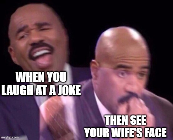When you should stop laughing | WHEN YOU LAUGH AT A JOKE; THEN SEE YOUR WIFE'S FACE | image tagged in steve harvey laughing serious | made w/ Imgflip meme maker