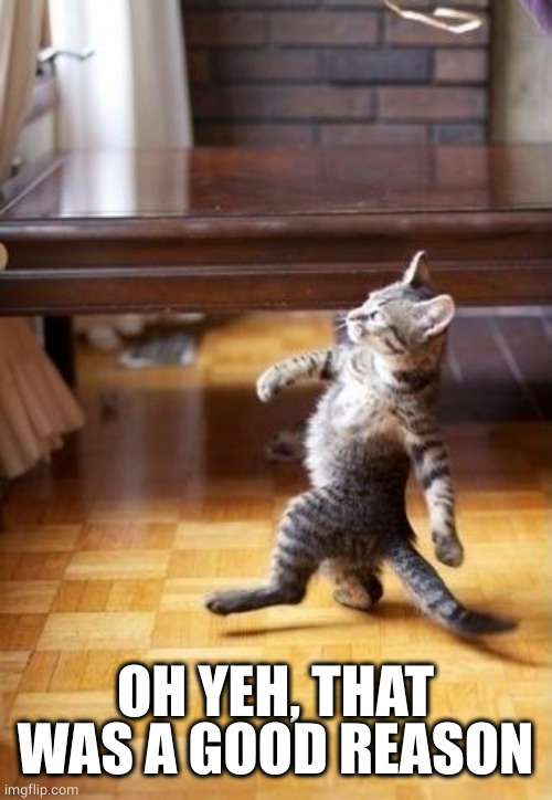 Cool Cat Stroll Meme | OH YEH, THAT WAS A GOOD REASON | image tagged in memes,cool cat stroll | made w/ Imgflip meme maker