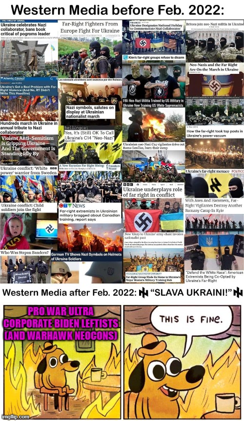 Nazis: only bad if they have a red flag. If they have a blue/yellow flag, they're fine. But God help you if you hate Last Jedi. | PRO WAR ULTRA CORPORATE BIDEN LEFTISTS
(AND WARHAWK NEOCONS) | image tagged in memes,this is fine,ukraine,russia,star wars the last jedi,joe biden | made w/ Imgflip meme maker