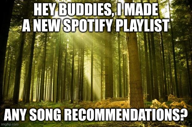 https://open.spotify.com/playlist/2wrcFoigeA5a29BOwLd00M?si=ab30198d56dc4e6f | HEY BUDDIES, I MADE A NEW SPOTIFY PLAYLIST; ANY SONG RECOMMENDATIONS? | image tagged in sunlit forest | made w/ Imgflip meme maker