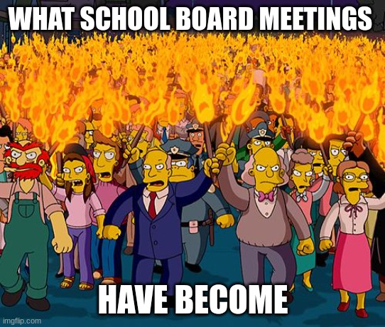 angry mob | WHAT SCHOOL BOARD MEETINGS; HAVE BECOME | image tagged in angry mob | made w/ Imgflip meme maker