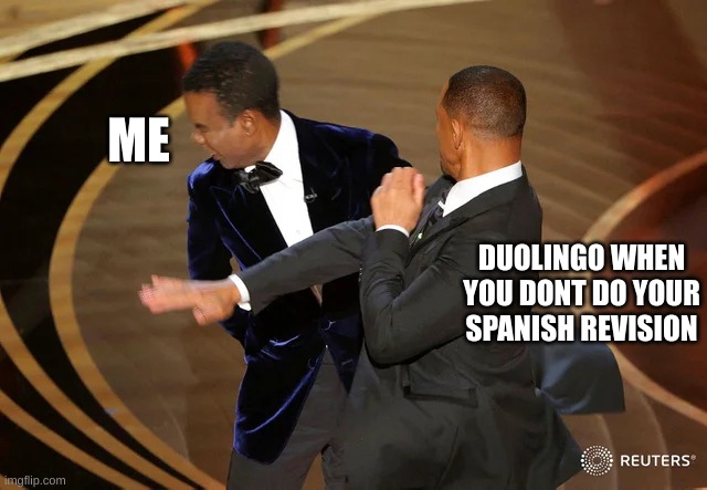 Will Smith punching Chris Rock | ME; DUOLINGO WHEN YOU DONT DO YOUR SPANISH REVISION | image tagged in will smith punching chris rock | made w/ Imgflip meme maker