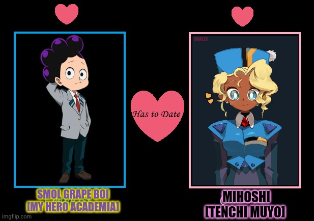 Crazy shipping challenge! Make the best [worst] ships you can think of! | MIHOSHI [TENCHI MUYO]; SMOL GRAPE BOI [MY HERO ACADEMIA] | image tagged in anime,shipping,mineta,mihoshi,speed dating | made w/ Imgflip meme maker