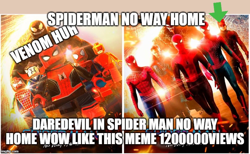 spiderman no way home Views ??daredevil what heck | SPIDERMAN NO WAY HOME; VENOM HUH; DAREDEVIL IN SPIDER MAN NO WAY HOME WOW LIKE THIS MEME 1200000VIEWS | image tagged in spiderman,no way home,daredevil,venom | made w/ Imgflip meme maker