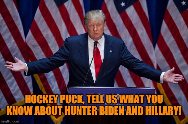 Donald Trump | HOCKEY PUCK, TELL US WHAT YOU KNOW ABOUT HUNTER BIDEN AND HILLARY! | image tagged in donald trump | made w/ Imgflip meme maker