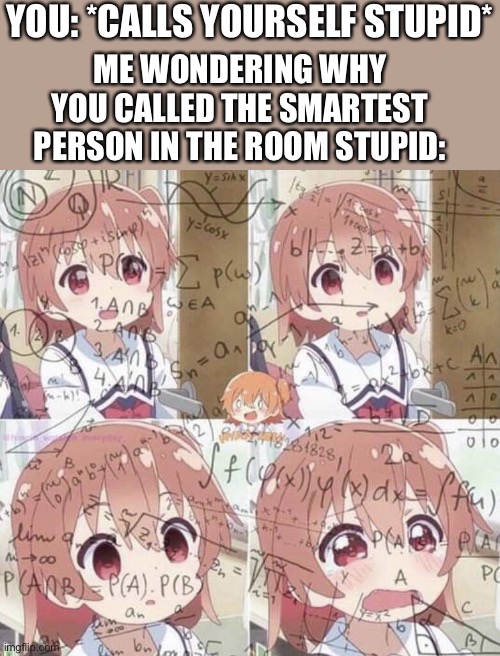*confusion* | YOU: *CALLS YOURSELF STUPID*; ME WONDERING WHY YOU CALLED THE SMARTEST PERSON IN THE ROOM STUPID: | image tagged in anime math woman,wholesome | made w/ Imgflip meme maker
