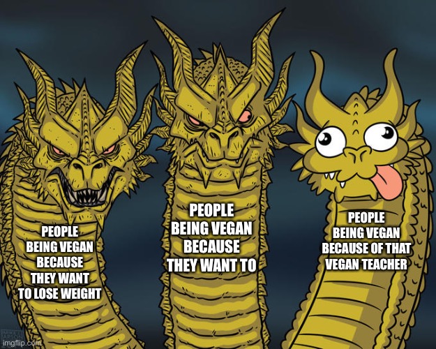 Three-headed Dragon | PEOPLE BEING VEGAN BECAUSE THEY WANT TO; PEOPLE BEING VEGAN BECAUSE OF THAT VEGAN TEACHER; PEOPLE BEING VEGAN BECAUSE THEY WANT TO LOSE WEIGHT | image tagged in three-headed dragon | made w/ Imgflip meme maker
